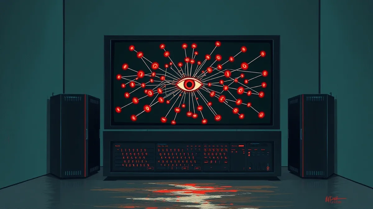 Illustration: A sleek black server console sits in a dimly lit room, its blank screen displaying a complex web of glowing red nodes connected by thin white lines.