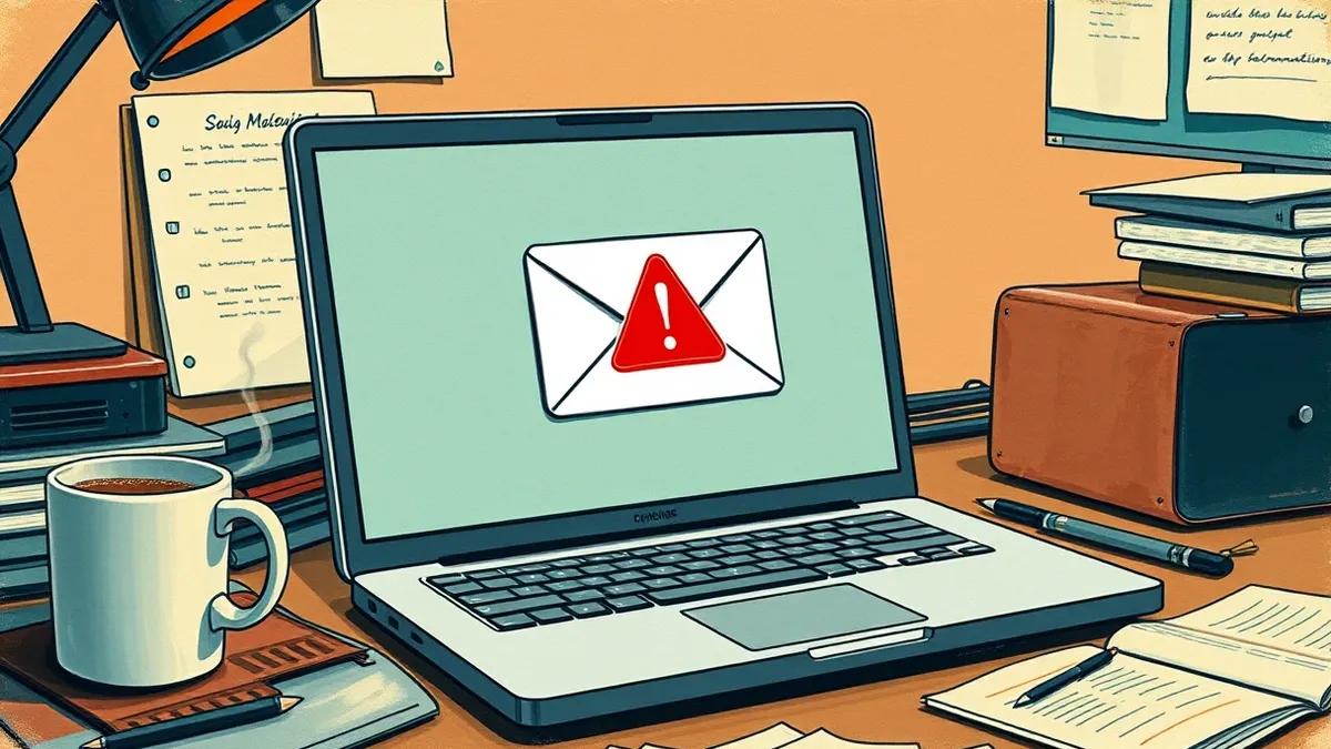 Illustration: An open laptop sits on a cluttered desk next to a steaming coffee mug.