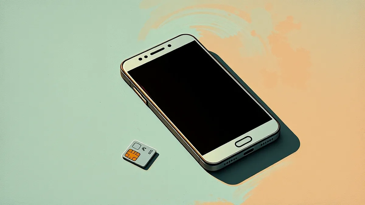 Illustration: A smartphone rests on a flat surface with a single sim card lying beside it.