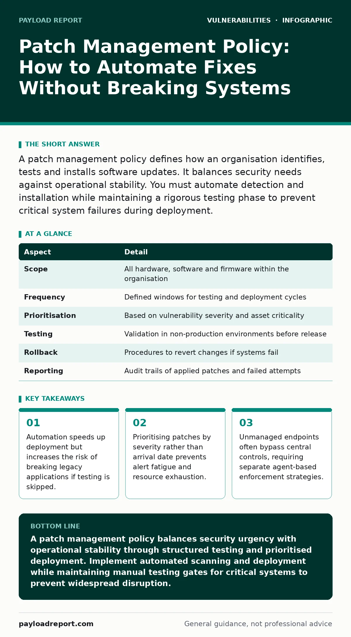 Infographic: Patch Management Policy: How to Automate Fixes Without Breaking Systems. Automation speeds up deployment but increases the risk of breaking legacy applications if testing is skipped. Prioritising patches by severity rather than arrival date prevents alert fatigue and resource exhaustion