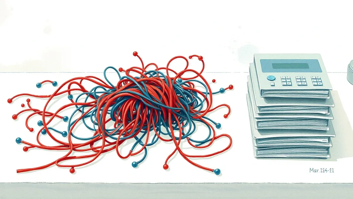 Illustration: A tangled knot of red and blue data threads sits on a clean white desk, representing chaotic information.