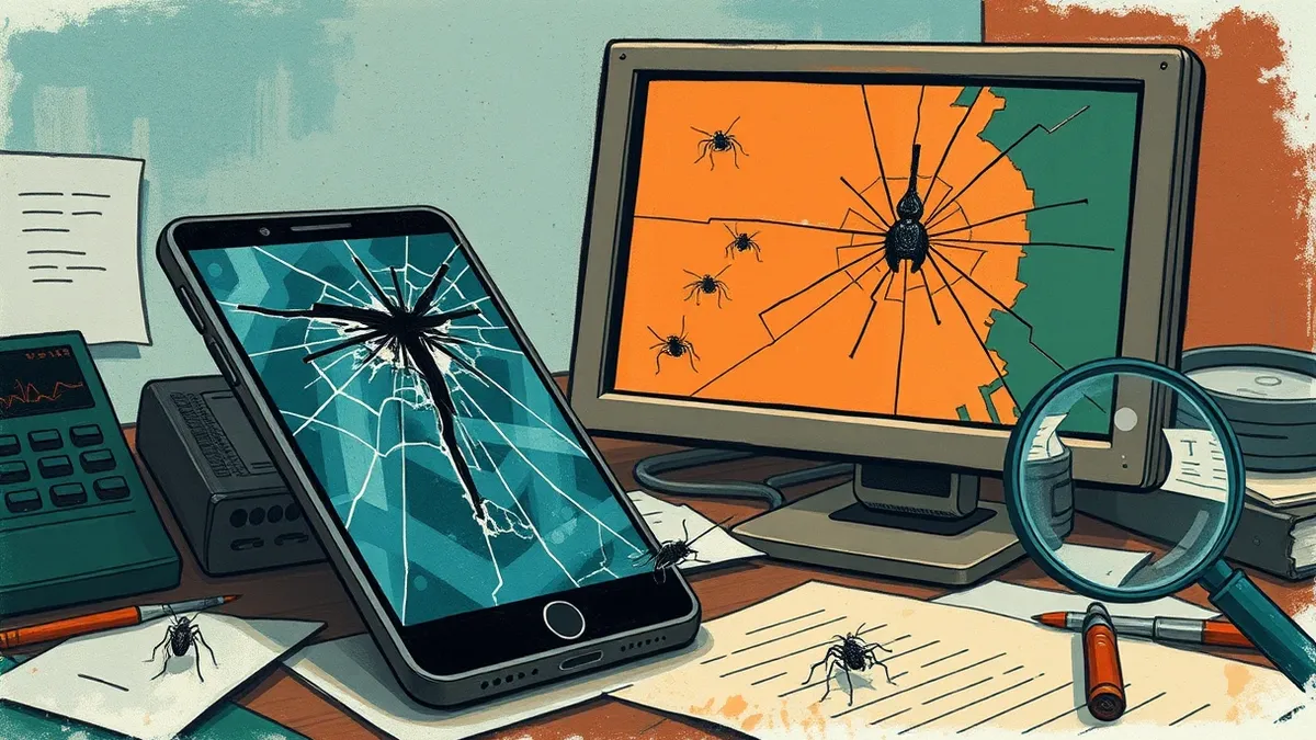 Illustration: A cracked smartphone and a fractured desktop monitor sit on a cluttered desk, their screens displaying jagged, abstract digital fractures.