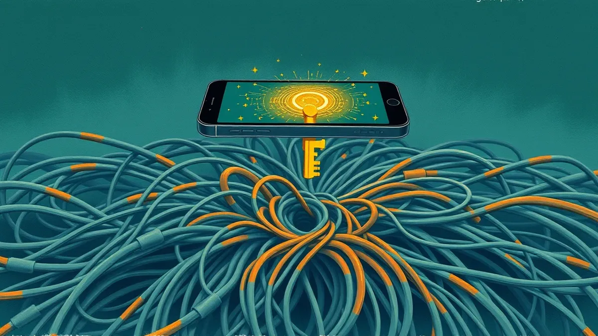 Illustration: A sleek smartphone floats above a tangled nest of gray network cables.