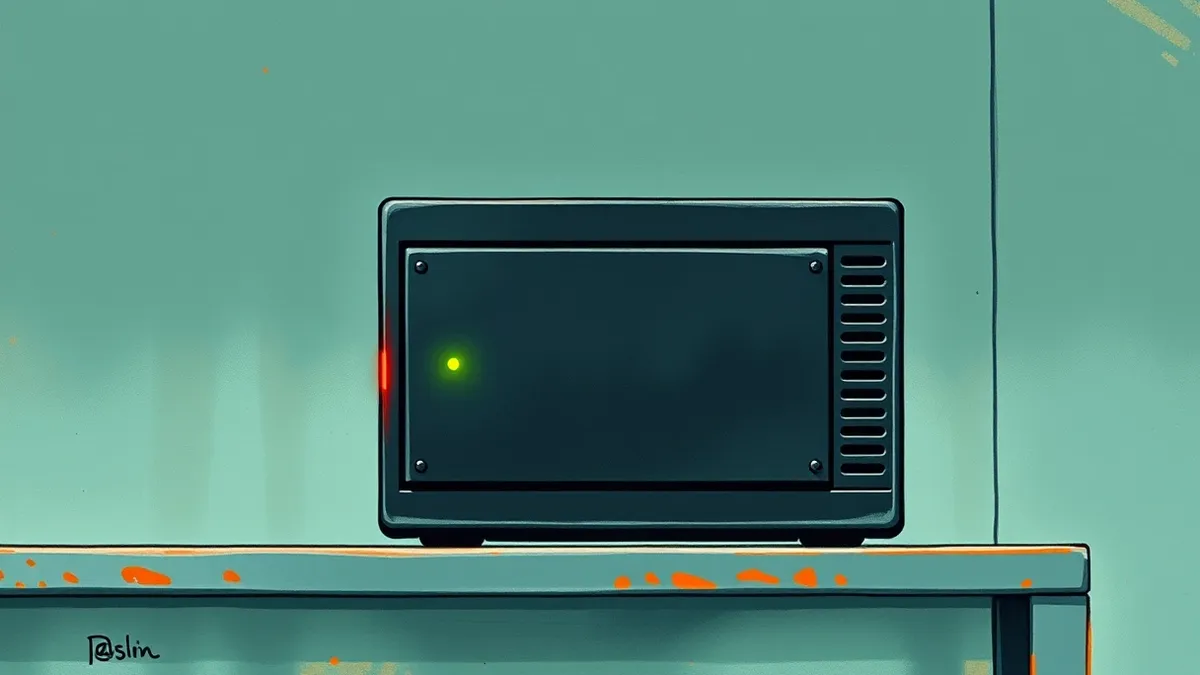Illustration: A solitary black network access control appliance sits on a metal shelf, its front panel featuring a small green status light that glows steadily while a faint red gl