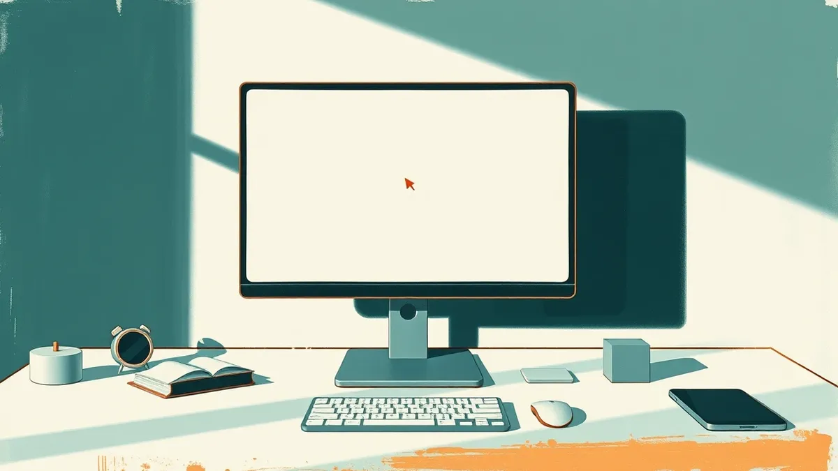 Illustration: A sleek desktop computer monitor sits on a minimalist white desk.
