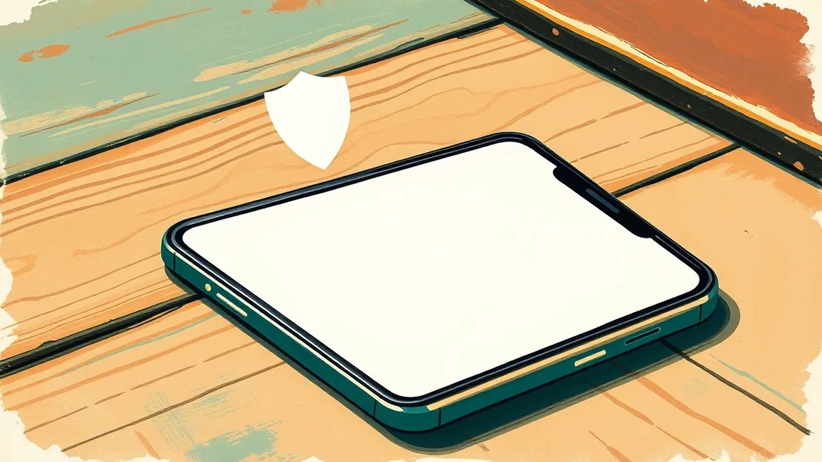 Illustration: A smartphone rests on a wooden table with its screen displaying a blank message bubble.