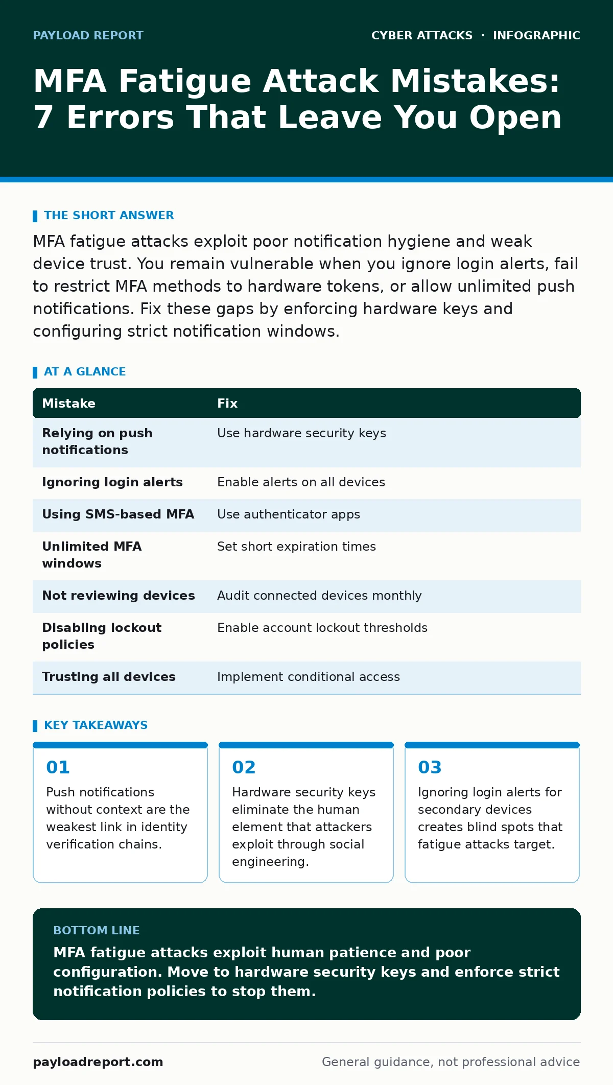 Infographic: MFA Fatigue Attack Mistakes: 7 Errors That Leave You Open. Push notifications without context are the weakest link in identity verification chains. Hardware security keys eliminate the human element that attackers exploit through social engineering. Ignoring login alerts for secondary d