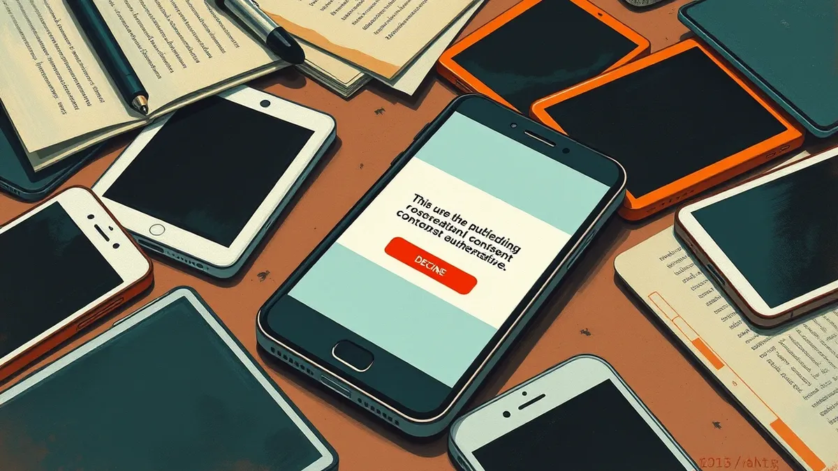 Illustration: A smartphone rests on a cluttered desk, its screen displaying a blank notification prompt with a single red decline button.