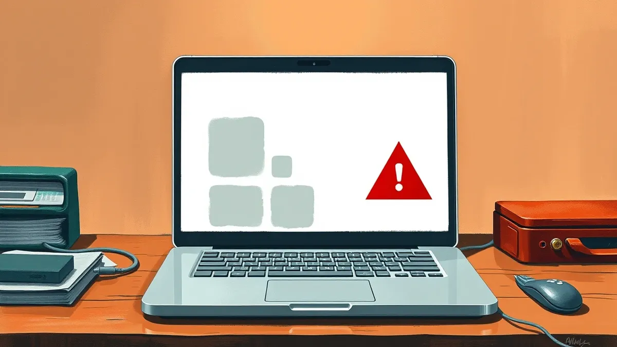 Illustration: A silver laptop sits on a wooden desk, its screen displaying a blank white webpage with abstract gray boxes.