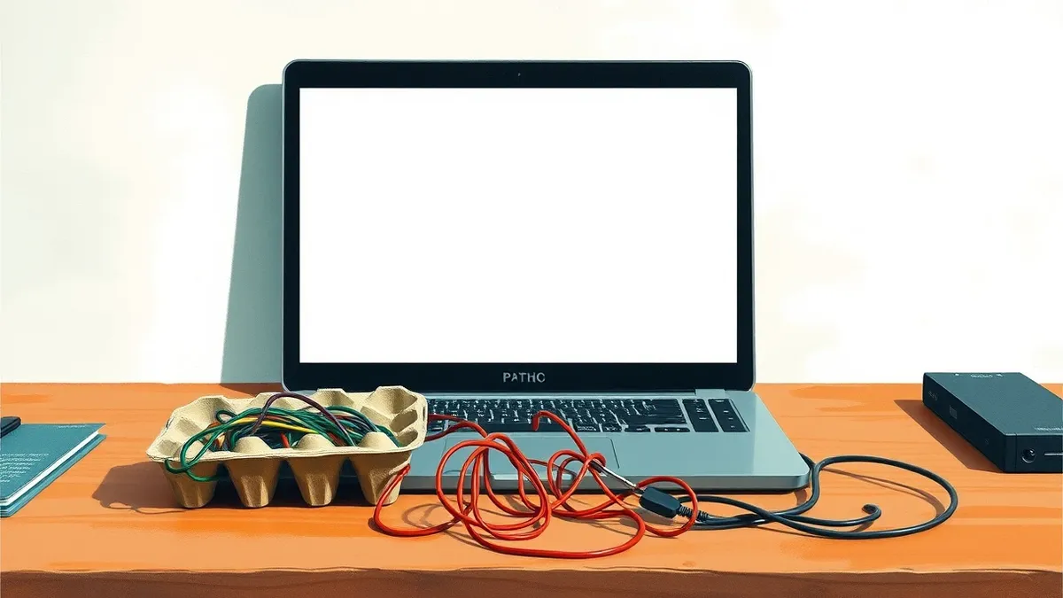 Illustration: A sleek laptop sits on a clean desk with a blank terminal window open on its screen.