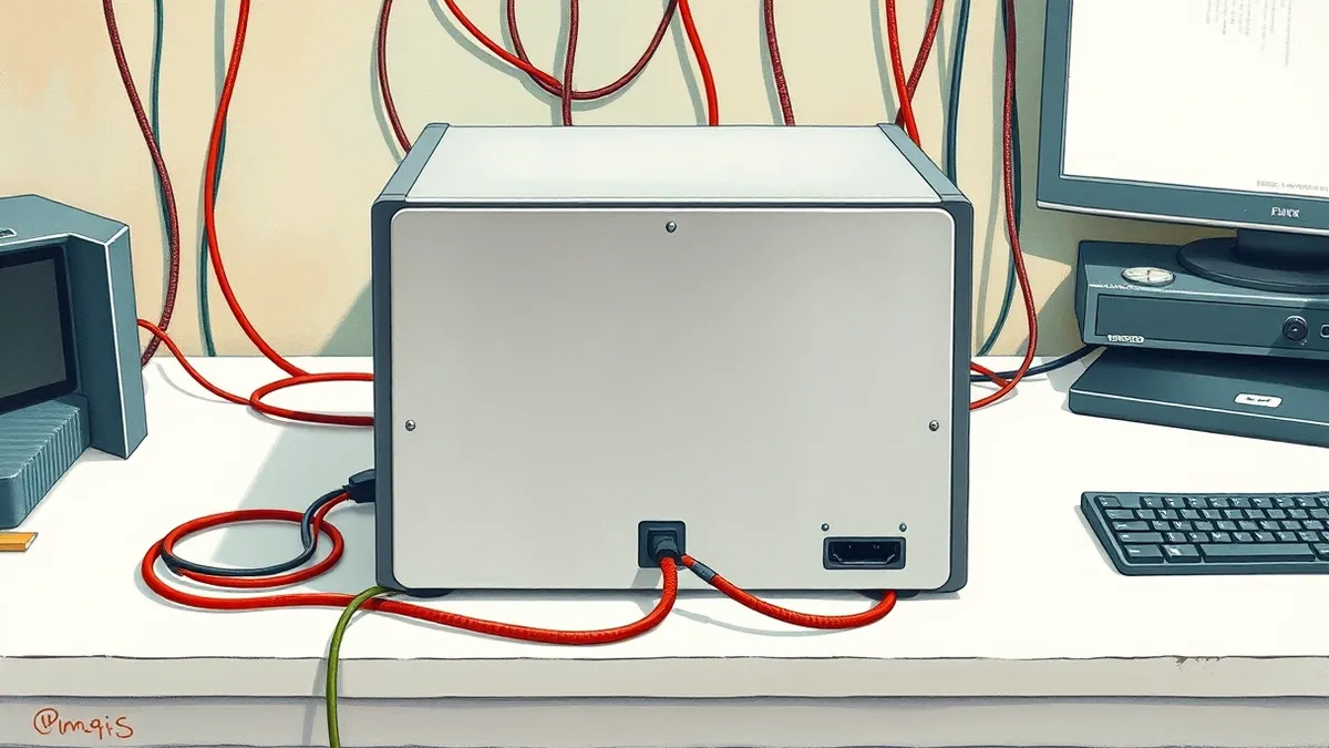 Illustration: A sleek silver server box sits on a clean white desk, connected to a tangled mess of cables.