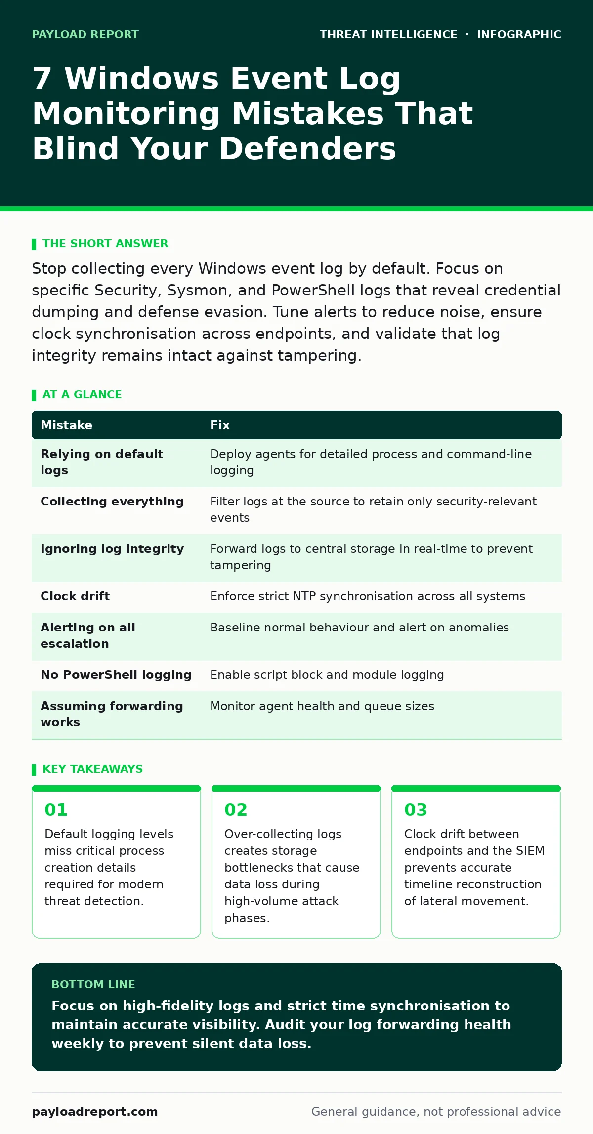 Infographic: 7 Windows Event Log Monitoring Mistakes That Blind Your Defenders. Default logging levels miss critical process creation details required for modern threat detection. Over-collecting logs creates storage bottlenecks that cause data loss during high-volume attack phases. Clock drift betw