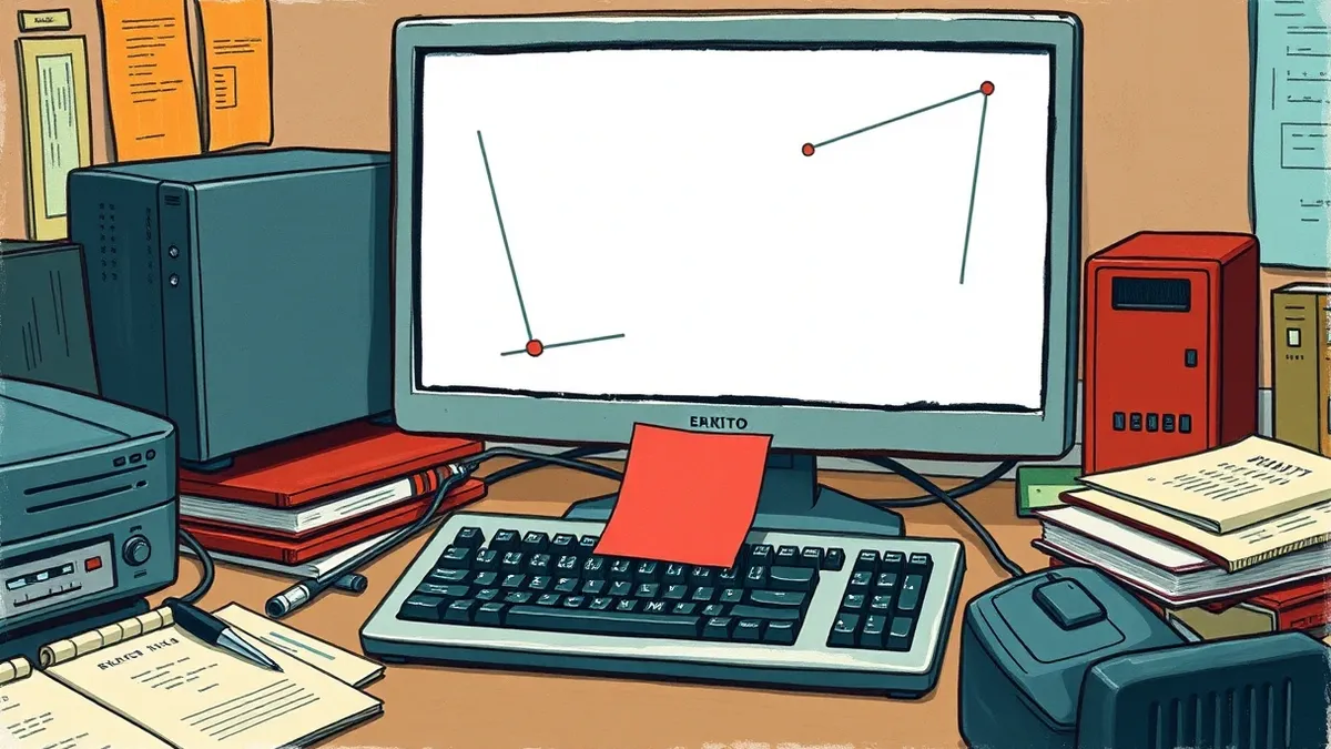 Illustration: A desktop computer sits on a cluttered office desk with its monitor displaying blank, abstract geometric shapes.