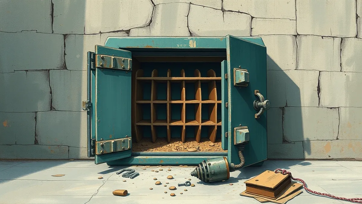 Illustration: A cracked open metal vault sits on a concrete floor, its heavy door hanging loose from broken hinges.