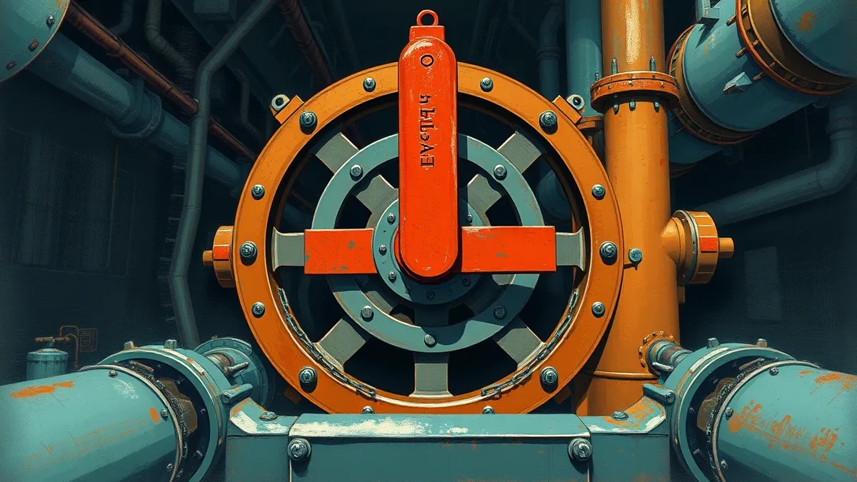 Illustration: A massive steel control wheel sits in a dark industrial corridor.