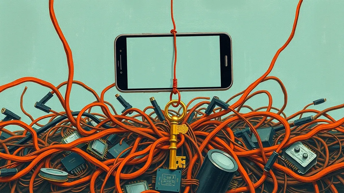 Illustration: A blank smartphone screen floats above a chaotic tangle of exposed wires and broken circuit boards.