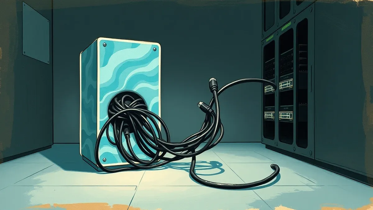 Illustration: A tangled knot of thick black cables bypasses a sleek transparent filter box, slipping directly into a dark server intake.