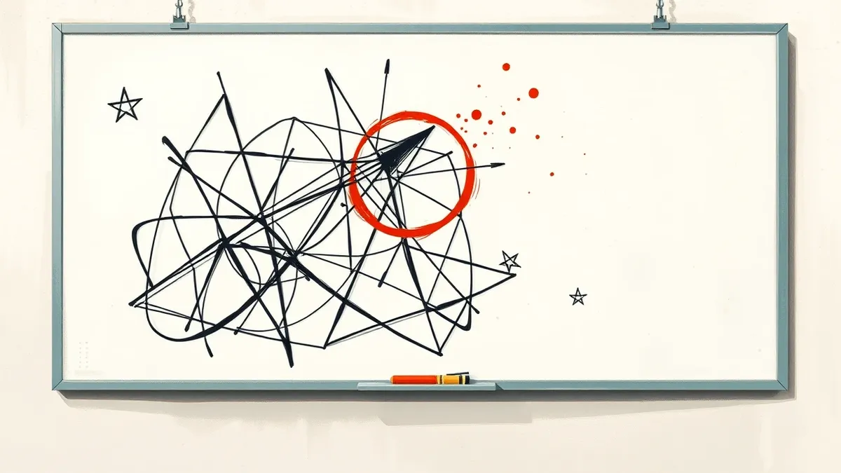 Illustration: A whiteboard displays tangled black lines and abstract geometric shapes resembling broken code structures.