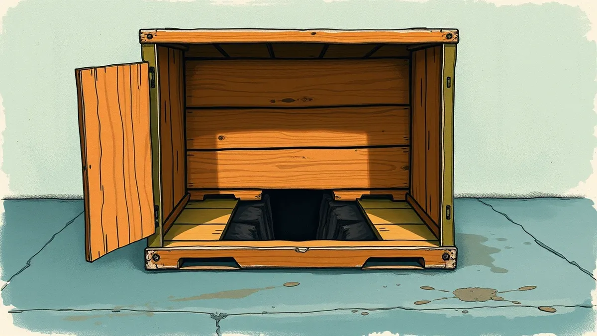 Illustration: A hollow wooden crate sits open on a concrete floor.
