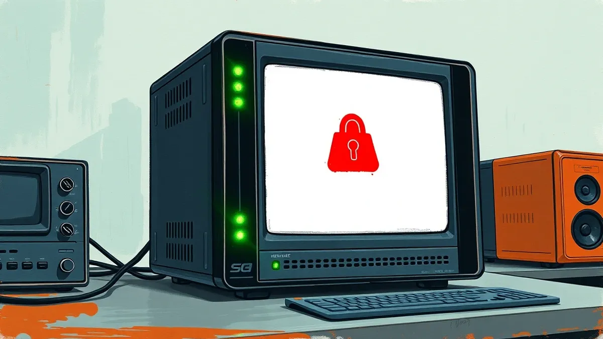 Illustration: A sleek black network security appliance sits on a desk with its front panel lights glowing steady green.