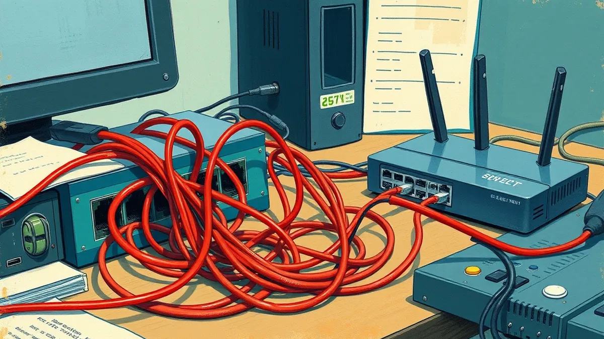 Illustration: A tangled knot of colorful ethernet cables sits on a cluttered desk beside a small network switch.