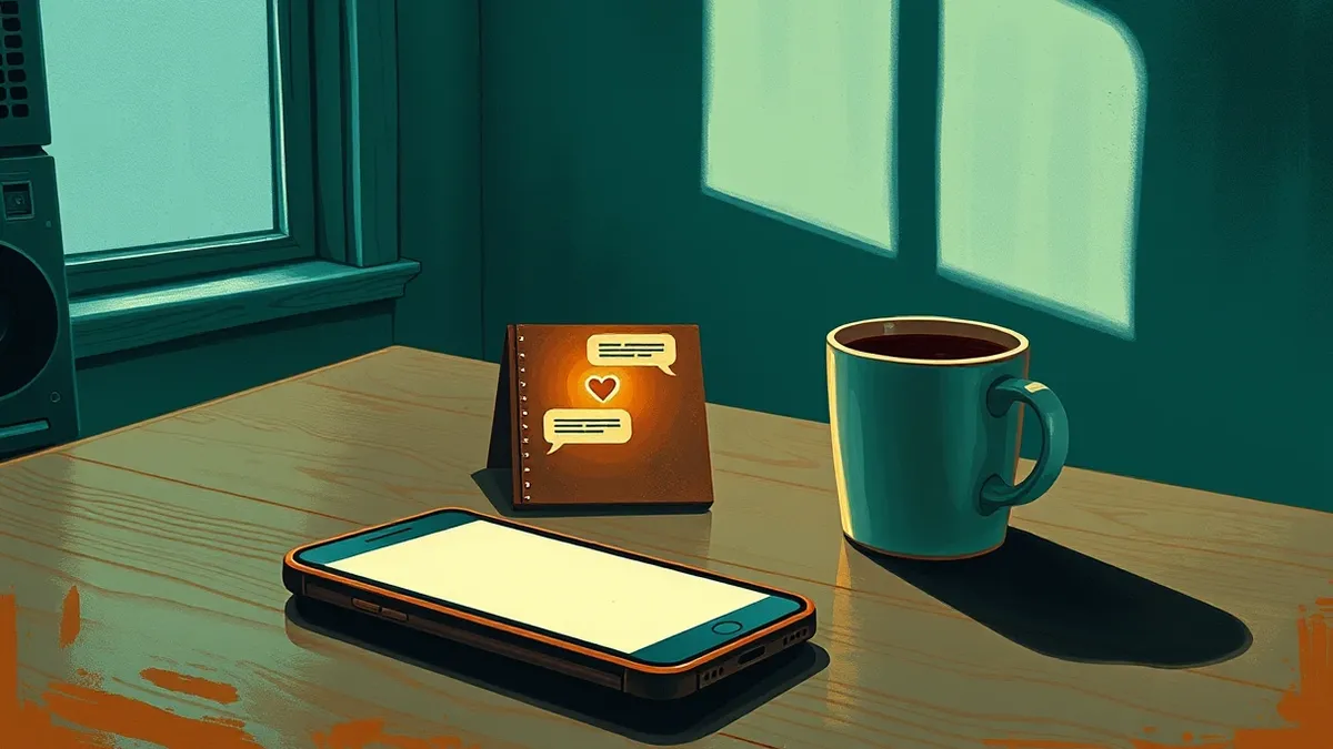 Illustration: A lonely smartphone rests on a wooden table beside a half-empty coffee mug.