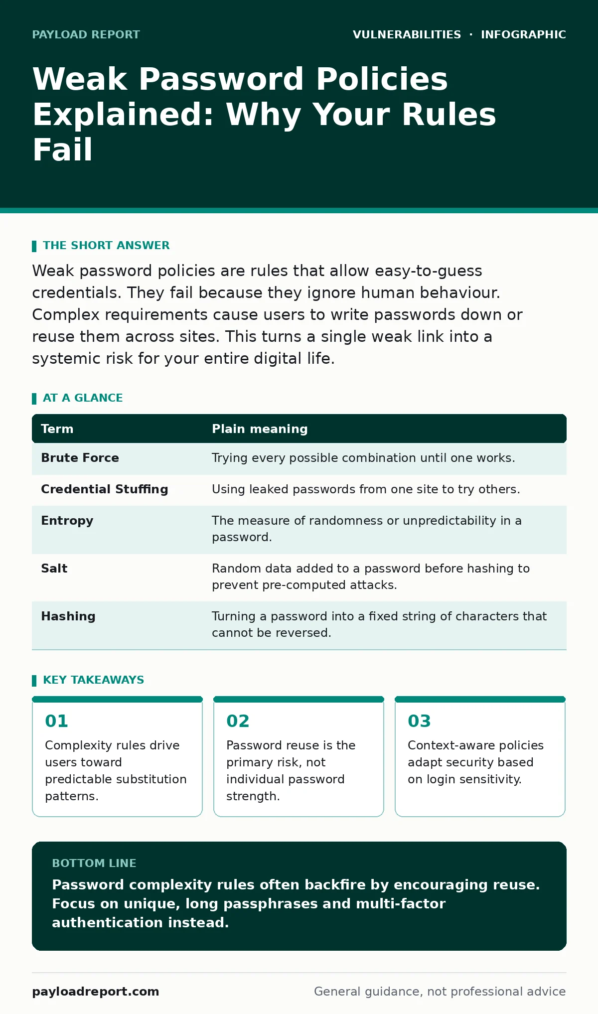 Infographic: Weak Password Policies Explained: Why Your Rules Fail. Complexity rules drive users toward predictable substitution patterns. Password reuse is the primary risk, not individual password strength. Context-aware policies adapt security based on login sensitivity.