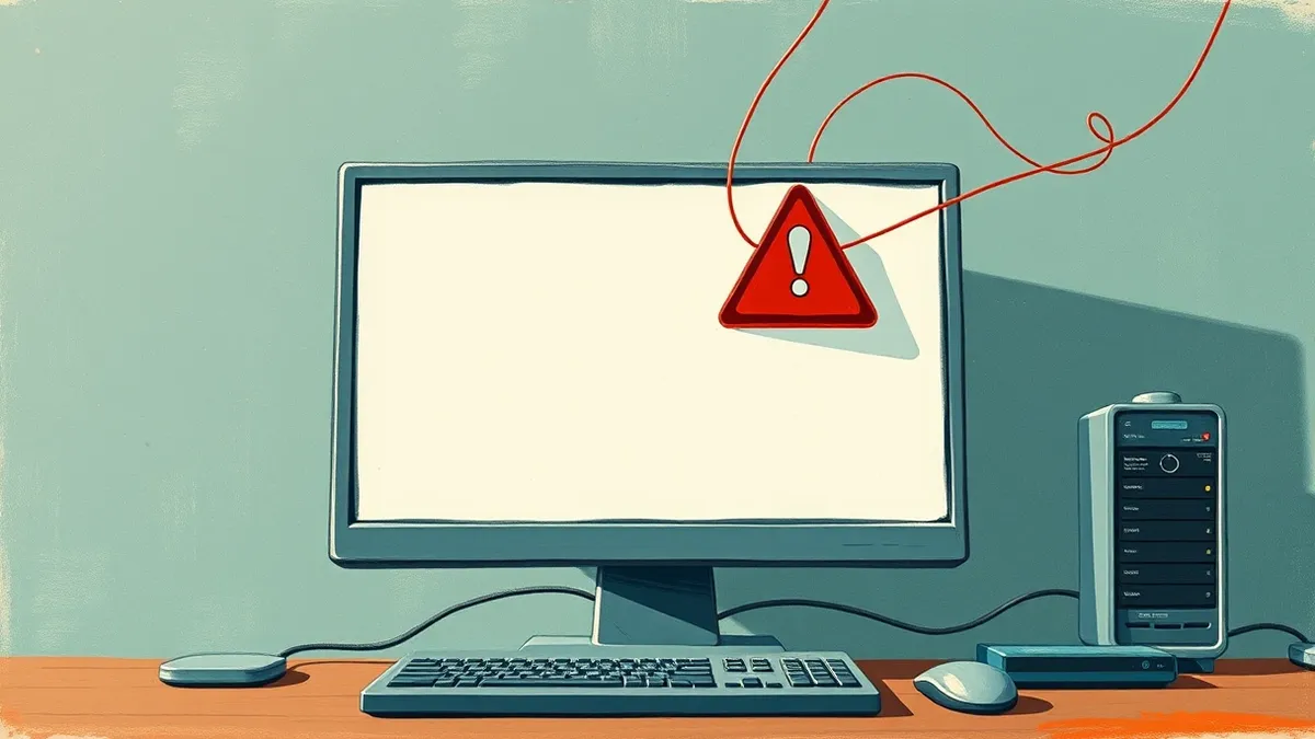 Illustration: A desktop computer monitor displays a blank presentation slide interface with a large red warning triangle floating above the keyboard.