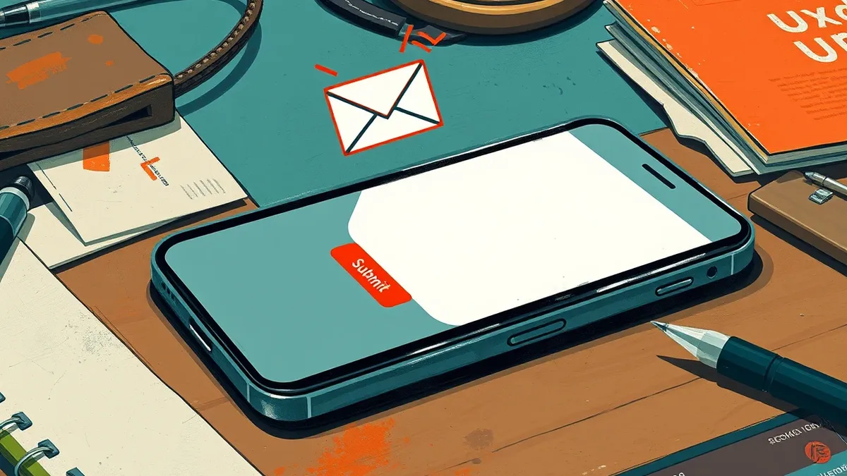 Illustration: A sleek smartphone rests on a cluttered desk, its screen displaying a stark web form with a single highlighted "Submit" button.