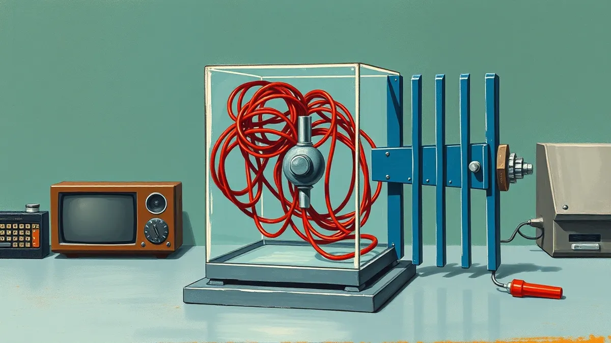 Illustration: A transparent glass cube sits on a metal workbench, containing tangled red wires that twist around a central silver lever.