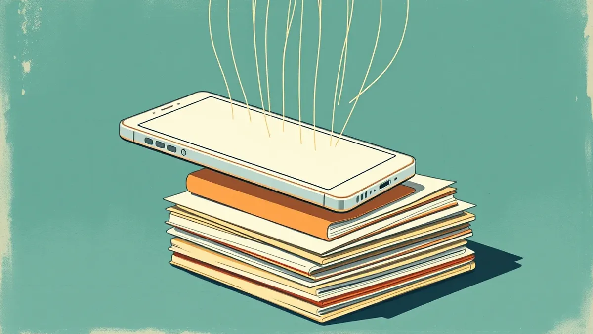 Illustration: A sleek white smartphone floats above a stack of blank medical charts.