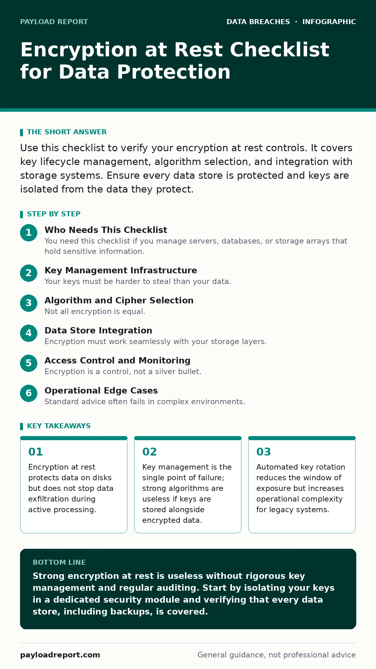 Infographic: Encryption at Rest Checklist for Data Protection. Encryption at rest protects data on disks but does not stop data exfiltration during active processing. Key management is the single point of failure; strong algorithms are useless if keys are stored alongside encrypted data. Automated k
