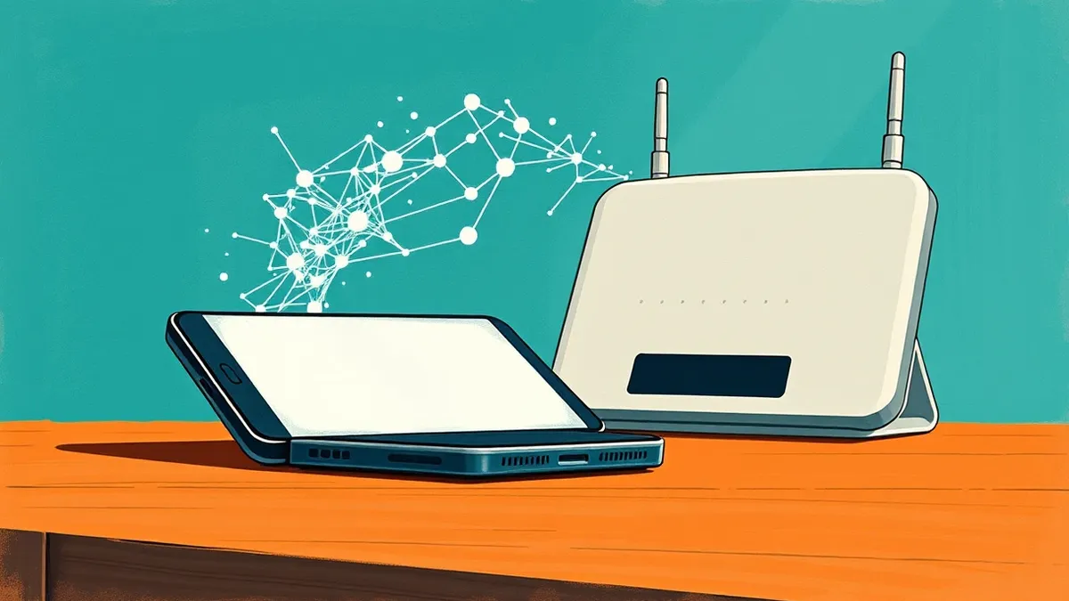 Illustration: A generic smartphone rests on a wooden desk beside a wireless router.
