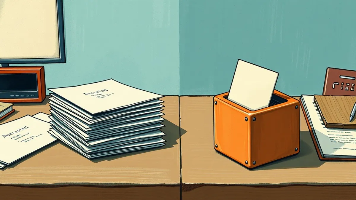 Illustration: A split desk surface shows two distinct piles of paper.