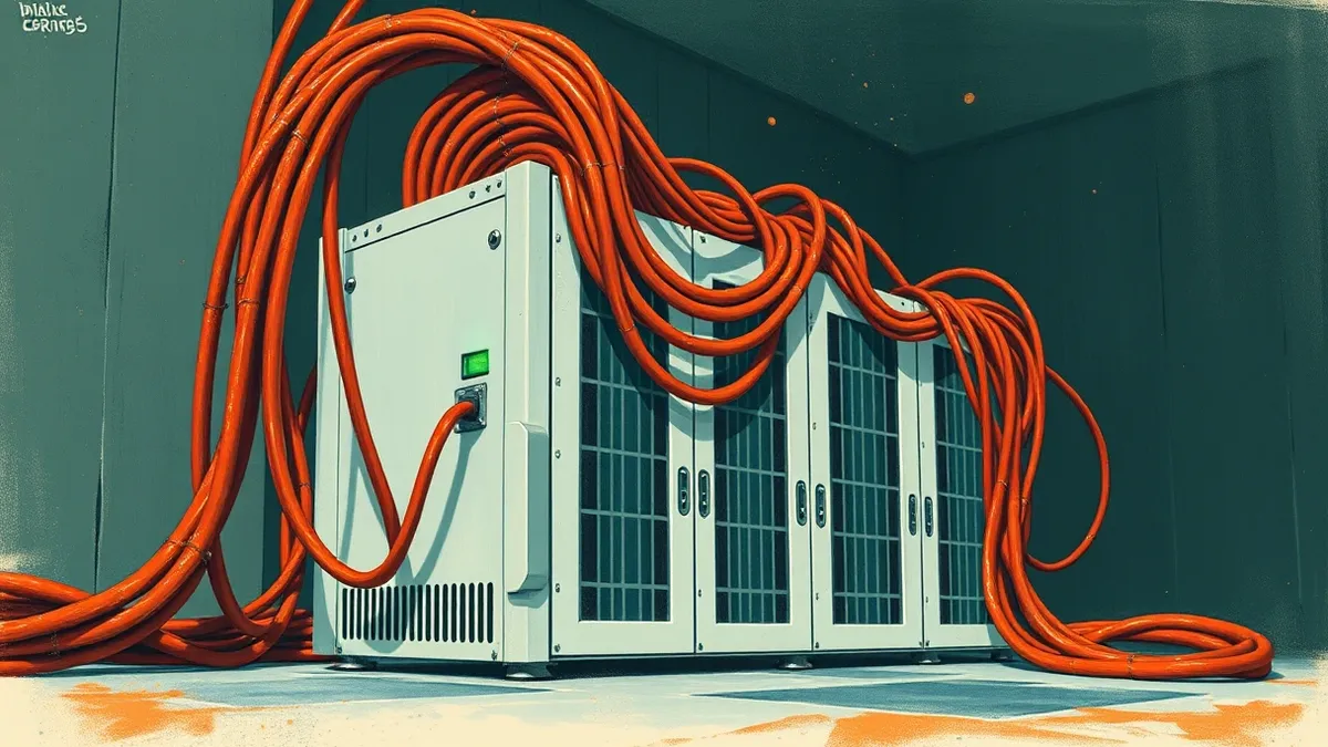 Illustration: A white server blade sits in a dark room, its small green status light flickering erratically.
