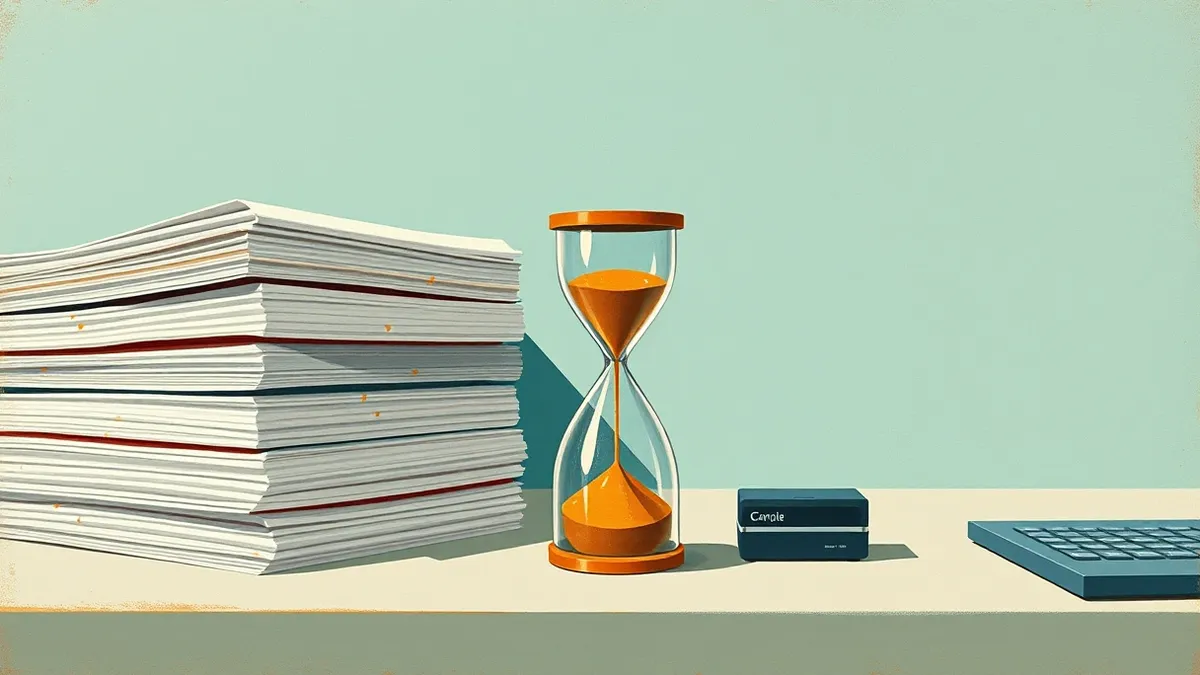 Illustration: A stack of blank paper reams sits beside a single digital storage drive on a clean desk surface.