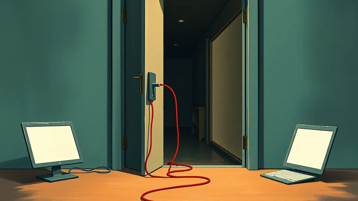 Illustration: A sleek office doorway with a broken electronic lock mechanism stands open, revealing a dark hallway beyond.