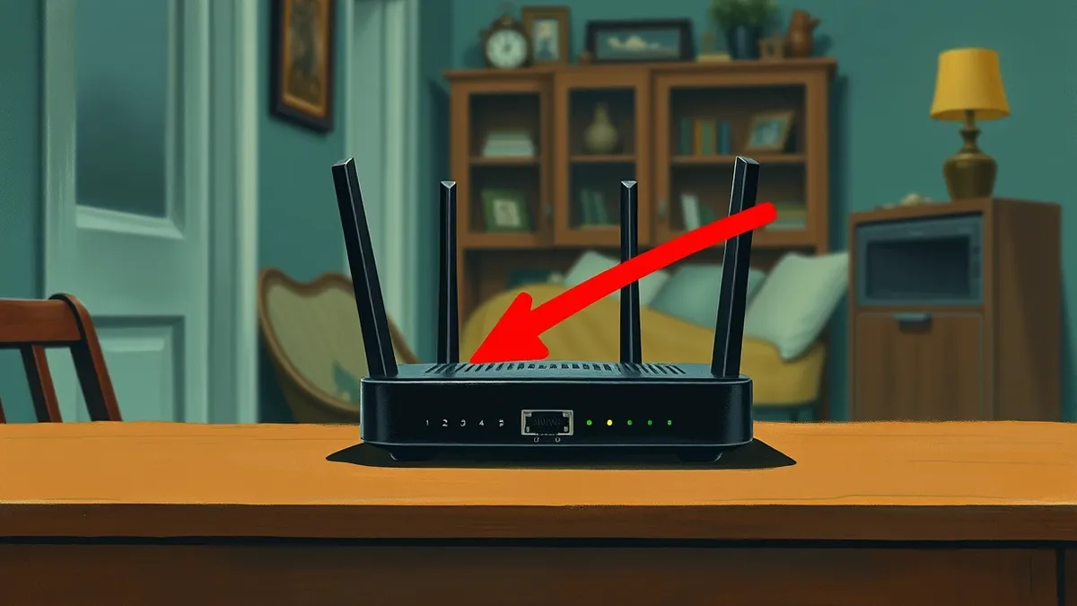 Illustration: A small black home router sits on a wooden table with its blinking lights illuminated.