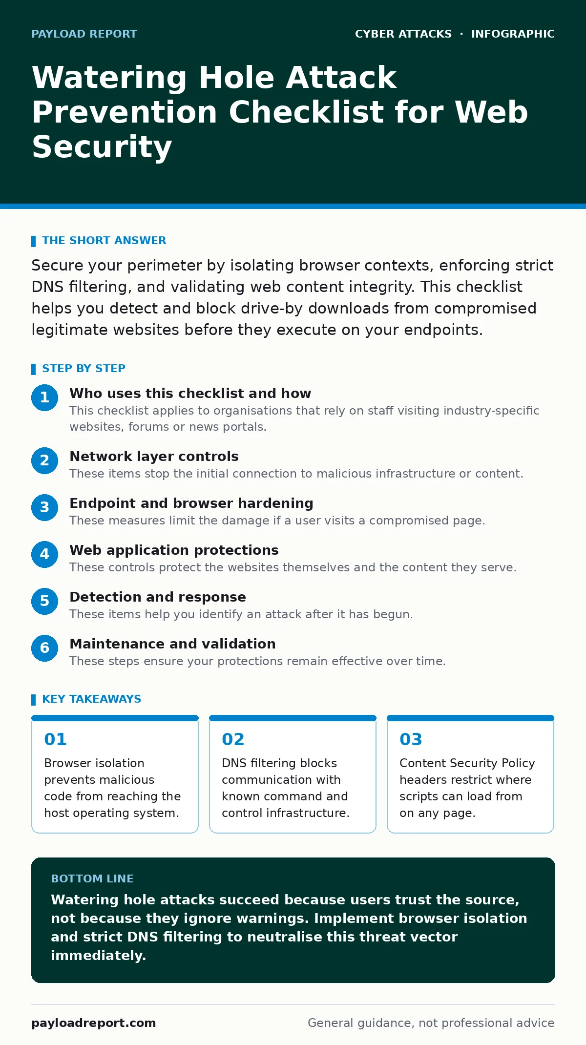 Infographic: Watering Hole Attack Prevention Checklist for Web Security. Browser isolation prevents malicious code from reaching the host operating system. DNS filtering blocks communication with known command and control infrastructure. Content Security Policy headers restrict where scripts can loa