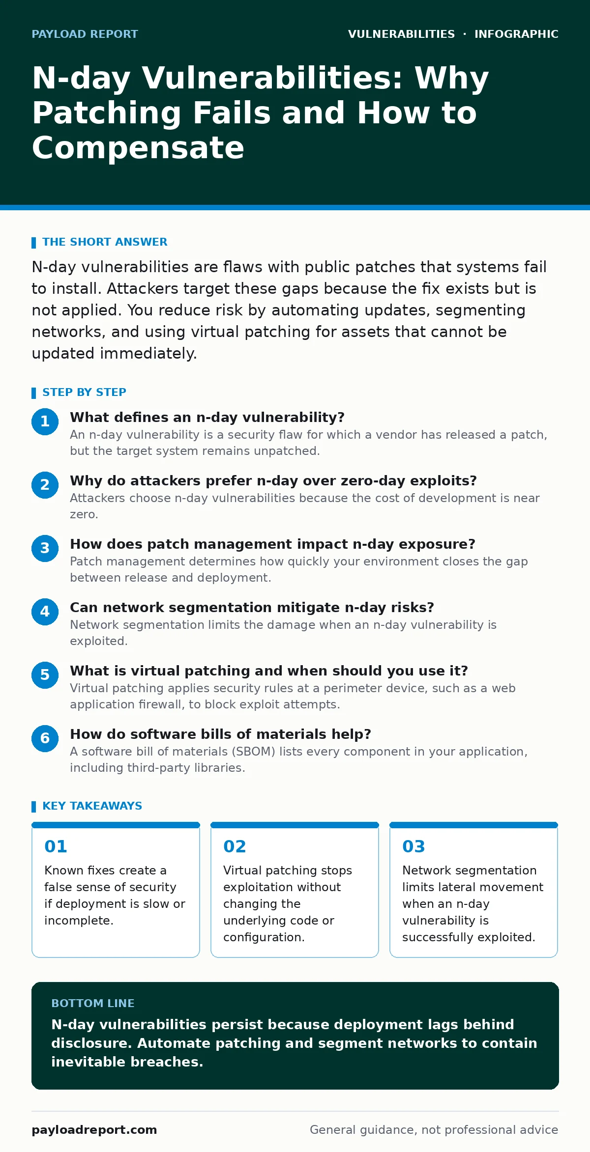 Infographic: N-day Vulnerabilities: Why Patching Fails and How to Compensate. Known fixes create a false sense of security if deployment is slow or incomplete. Virtual patching stops exploitation without changing the underlying code or configuration. Network segmentation limits lateral movement when