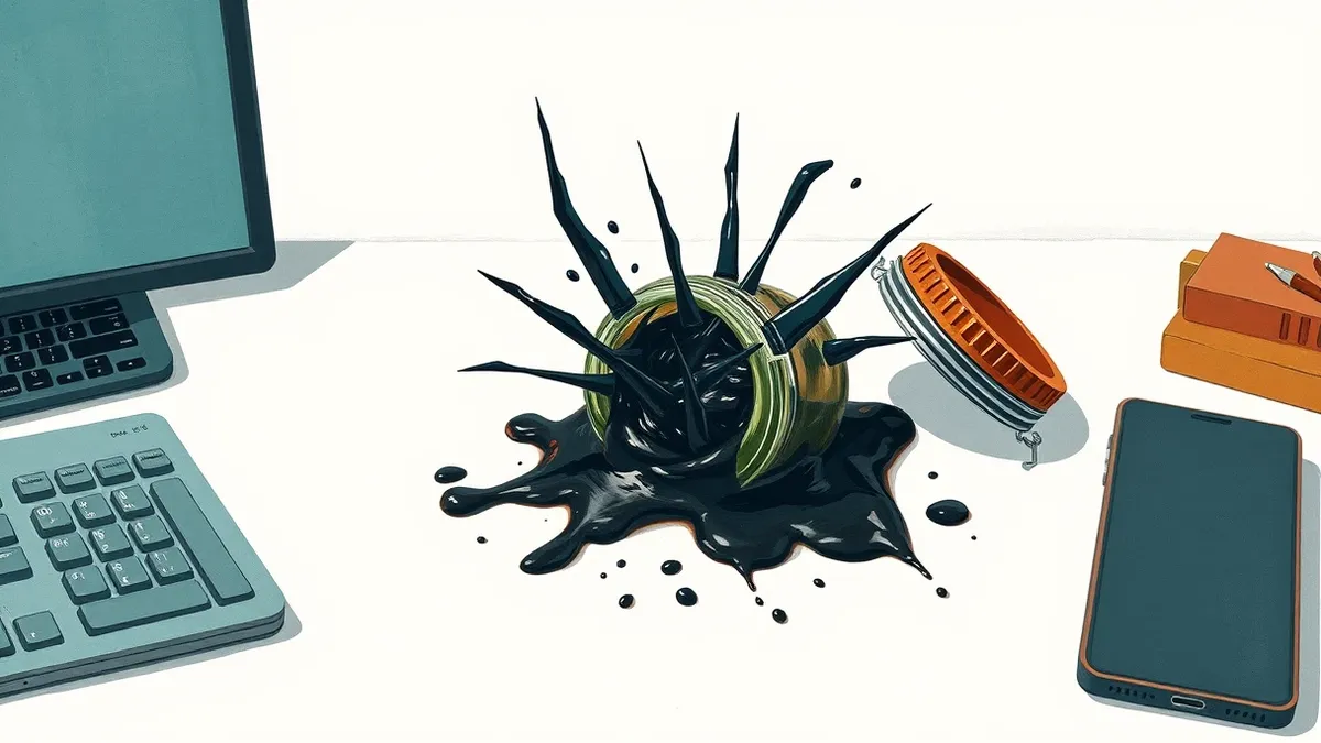 Illustration: A tangled knot of dark, viscous liquid spills from a cracked open jar onto a clean white desk surface.
