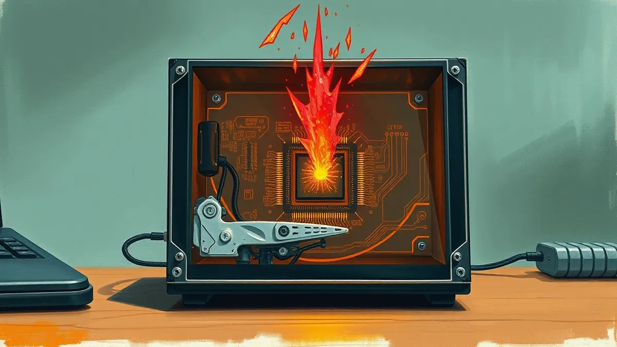 Illustration: A transparent computer hard drive case sits on a wooden desk, its internal circuit board glowing with warm amber light.