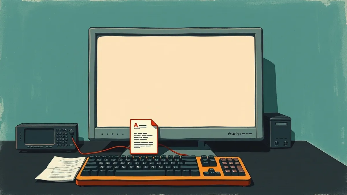 Illustration: A generic desktop monitor displays a blank terminal window on a dark desk.