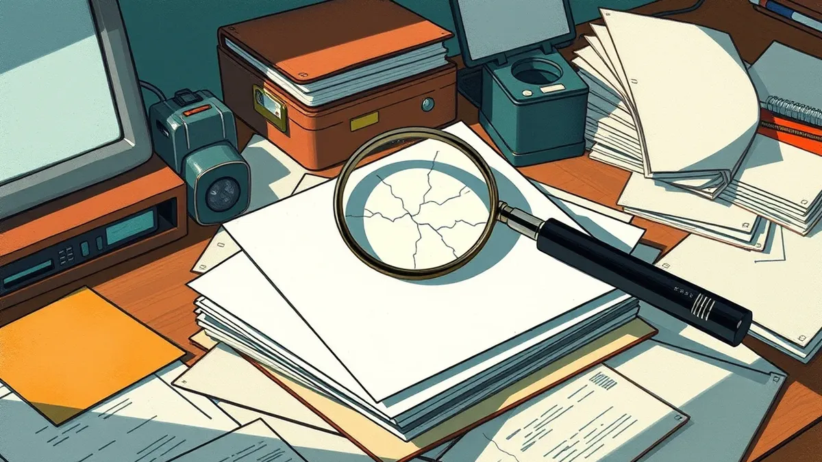 Illustration: A stack of blank envelopes sits on a cluttered office desk, casting long shadows across scattered papers.
