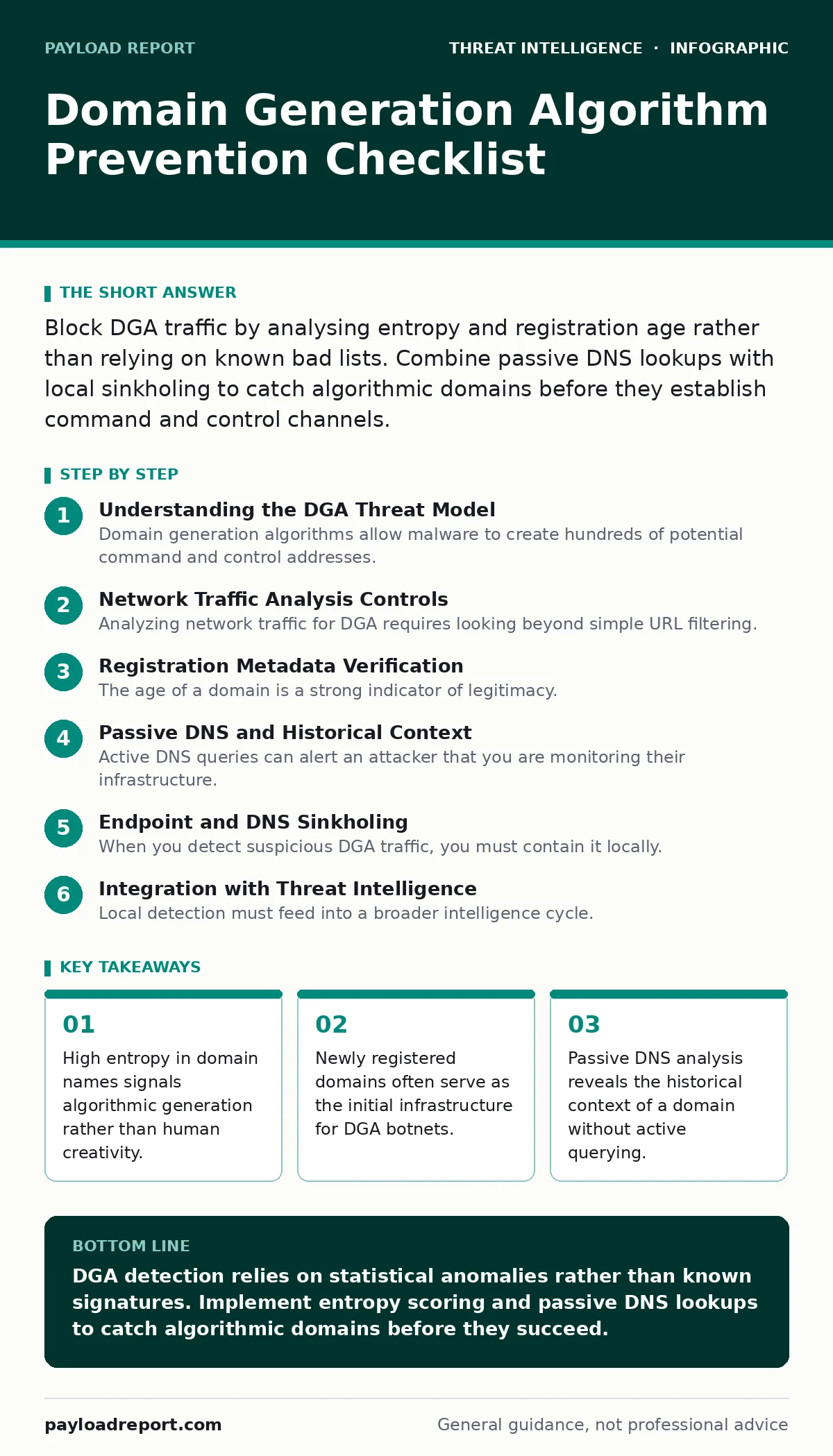 Infographic: Domain Generation Algorithm Prevention Checklist. High entropy in domain names signals algorithmic generation rather than human creativity. Newly registered domains often serve as the initial infrastructure for DGA botnets. Passive DNS analysis reveals the historical context of a domain