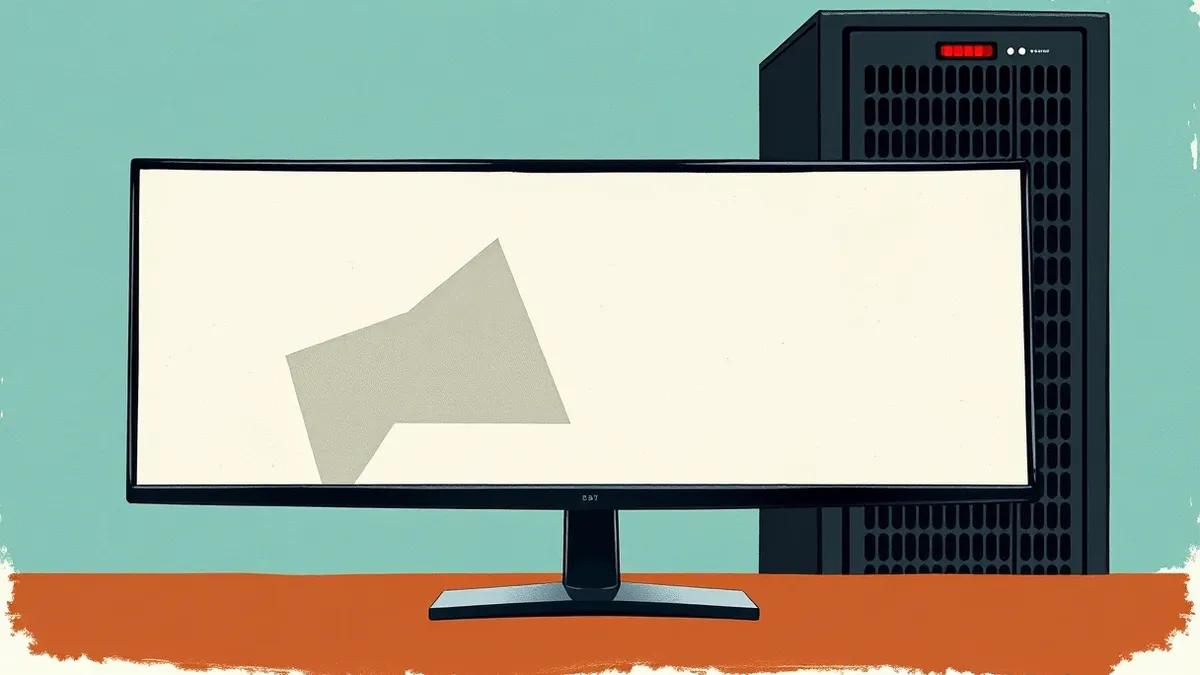 Illustration: A sleek industrial monitoring dashboard sits on a clean desk, its screen displaying only abstract geometric shapes in muted gray tones.