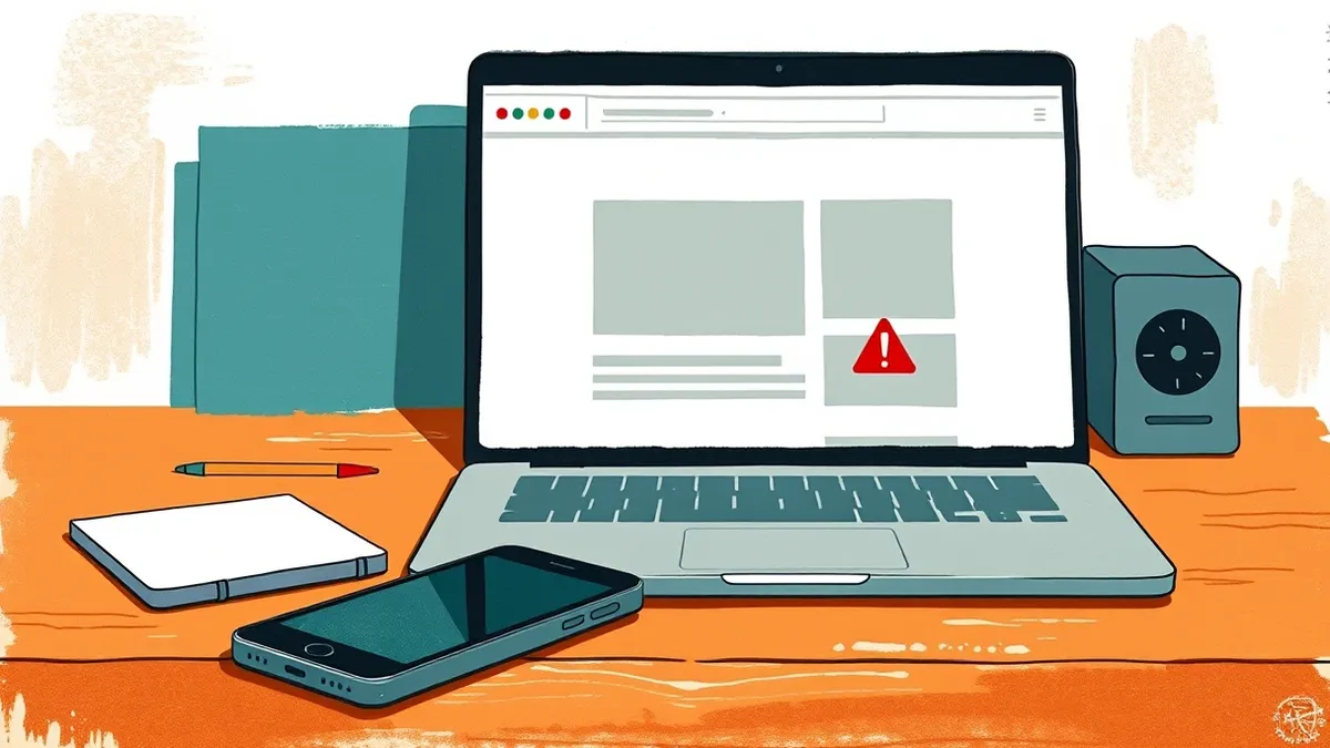 Illustration: A generic smartphone rests on a wooden desk next to a blank laptop.