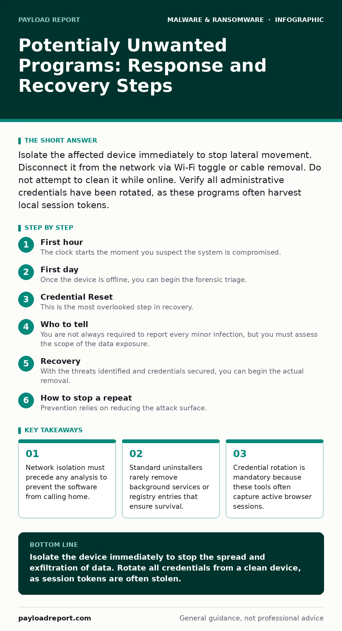Infographic: Potentialy Unwanted Programs: Response and Recovery Steps. Network isolation must precede any analysis to prevent the software from calling home. Standard uninstallers rarely remove background services or registry entries that ensure survival. Credential rotation is mandatory because th