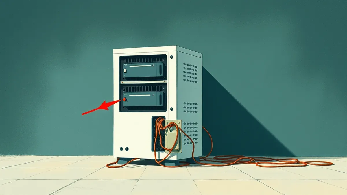 Illustration: A white server tower sits isolated in a dim room.