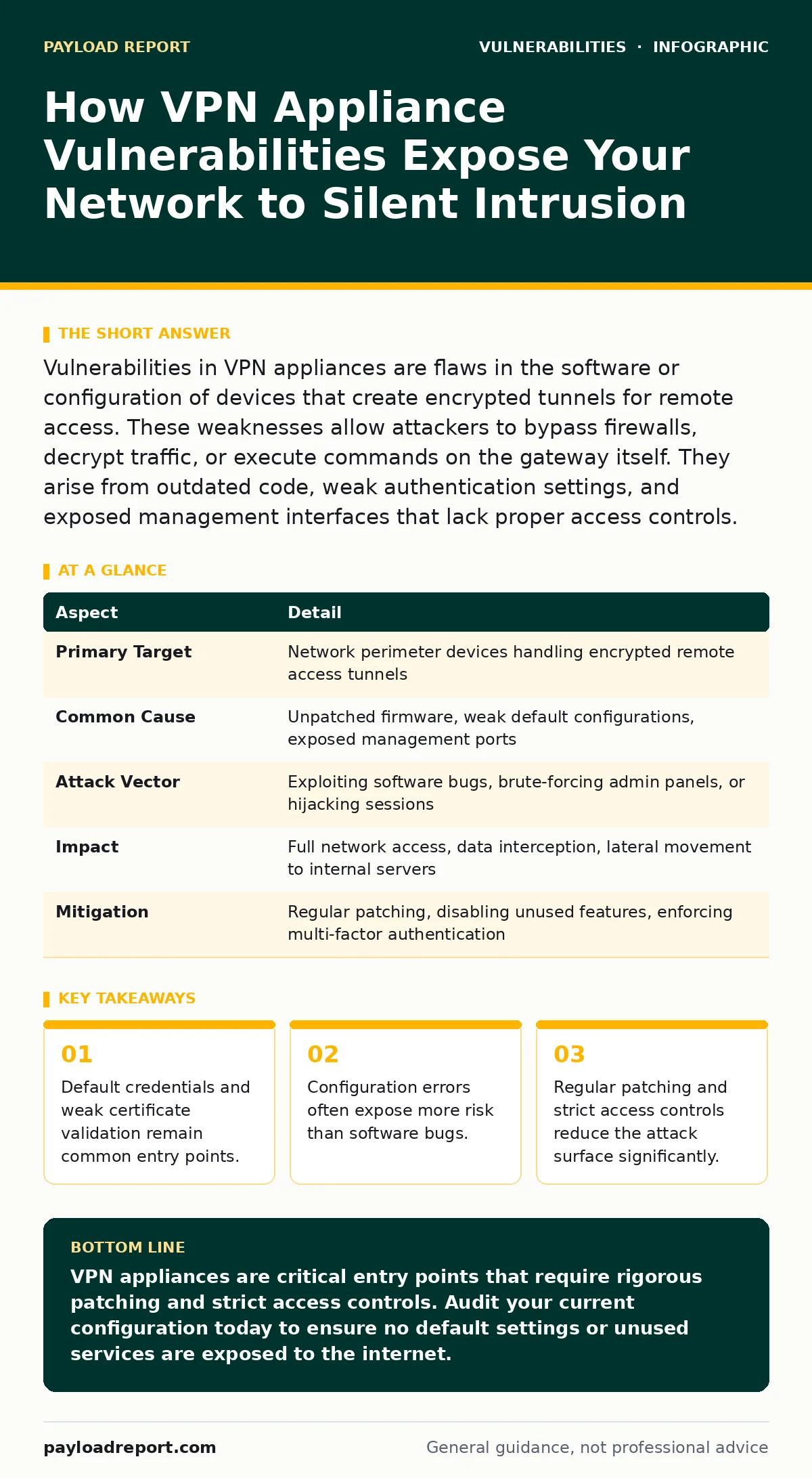 Infographic: How VPN Appliance Vulnerabilities Expose Your Network to Silent Intrusion. Default credentials and weak certificate validation remain common entry points. Configuration errors often expose more risk than software bugs. Regular patching and strict access controls reduce the attack surfac